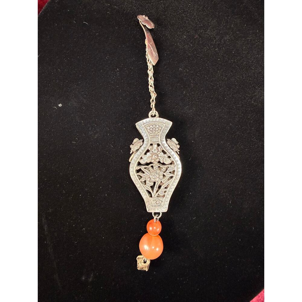 Antique Silver Needle Case Pendant Chatelaine Carnelian Bead Late Qing Dynasty - Picture 2 of 15